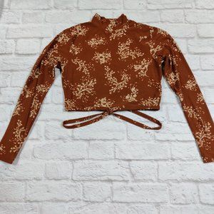 No comment brown floral long sleeve crop top mock neck tie retro y2k 90s sz L